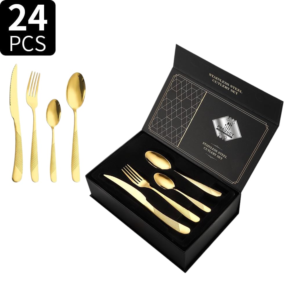 طقم أدوات مائدة 24 قطعة من الفولاذ المقاوم للصدأ باللونين الذهبي والفضي الجديد