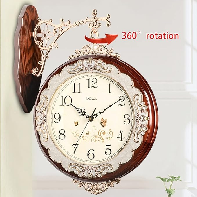 ساعة حائط دوارة 360 درجة، ساعة على الطراز الأوروبي مع الوقت على كلا الجانبين، ساعة حائط 25 سم