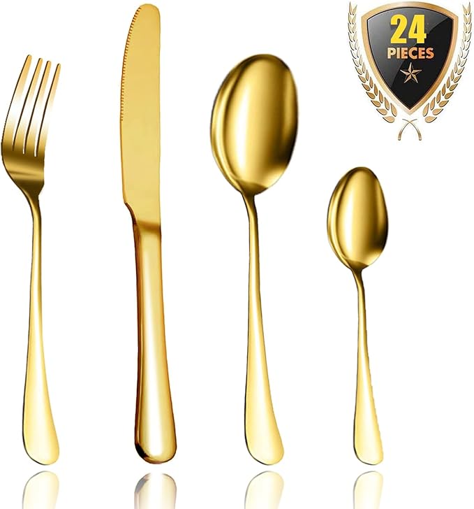 طقم أدوات مائدة 24 قطعة من الفولاذ المقاوم للصدأ باللونين الذهبي والفضي الجديد
