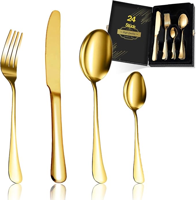 طقم أدوات مائدة 24 قطعة من الفولاذ المقاوم للصدأ باللونين الذهبي والفضي الجديد