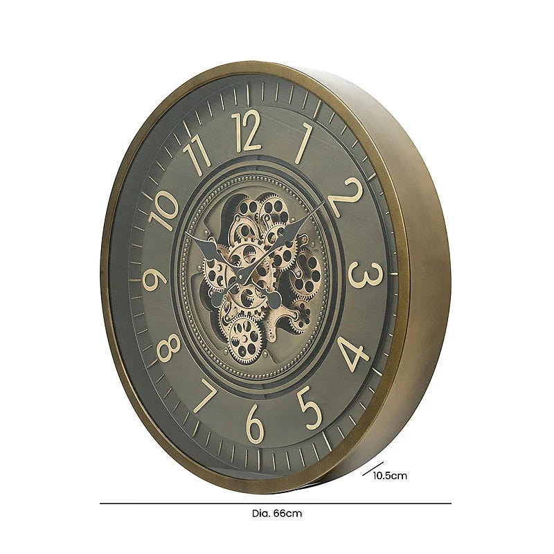 Large Coffee Brown Visible Exposed Moving Gears Wall Clock 60 cm