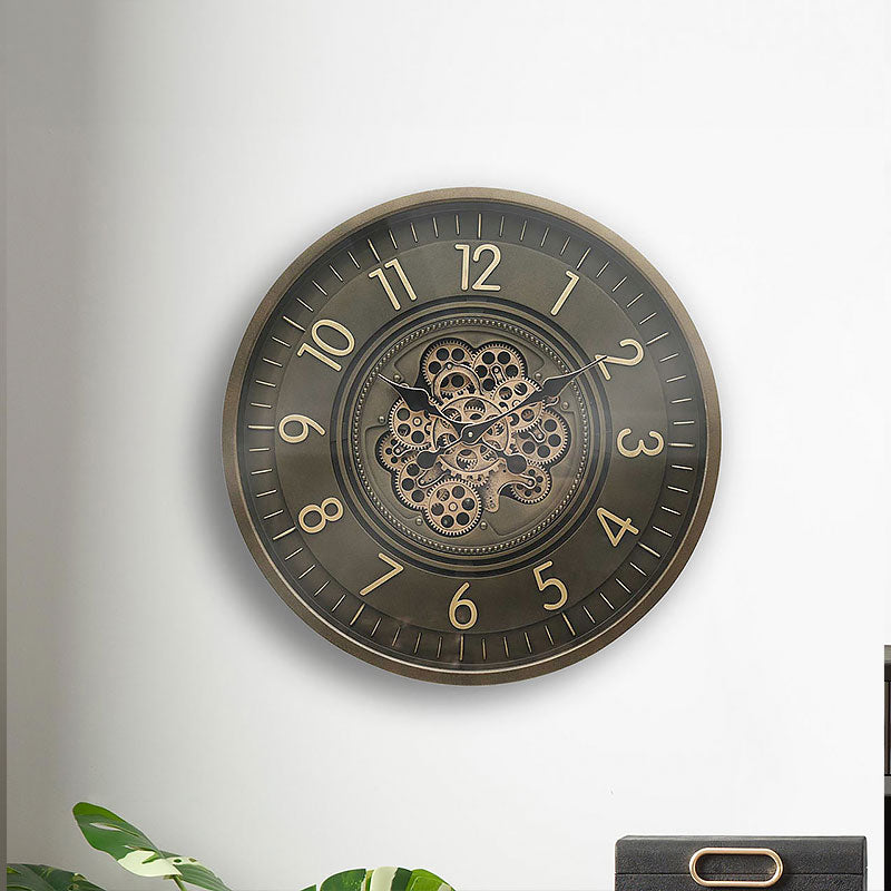 Large Coffee Brown Visible Exposed Moving Gears Wall Clock 60 cm
